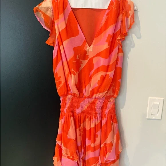 Ramy Brook Orange and Pink Dress with Ruffled Cap Sleeves